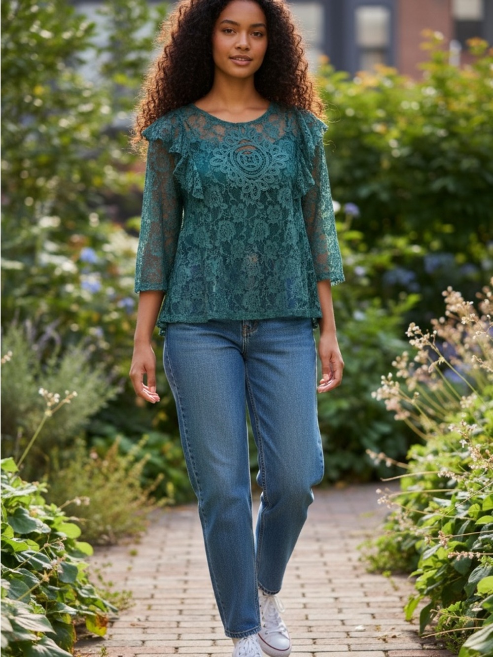Forest green Lace Ruffled Top